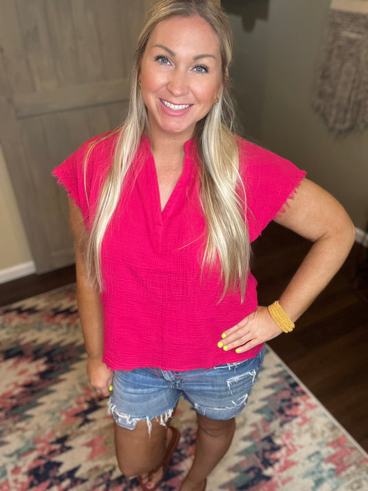 Fuchsia V-Neck Gauze Top