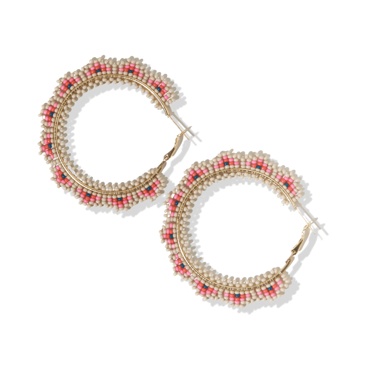 Ivory Coral Pink Crochet Hoop Earrings