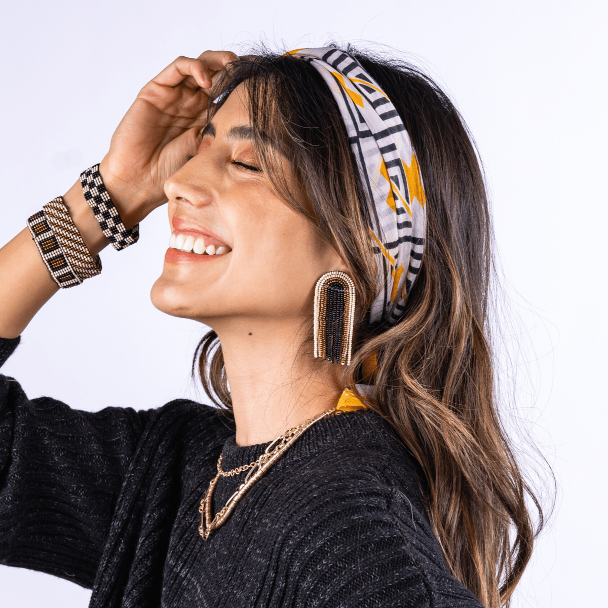Black Gold Ivory Rainbow Fringe Earrings