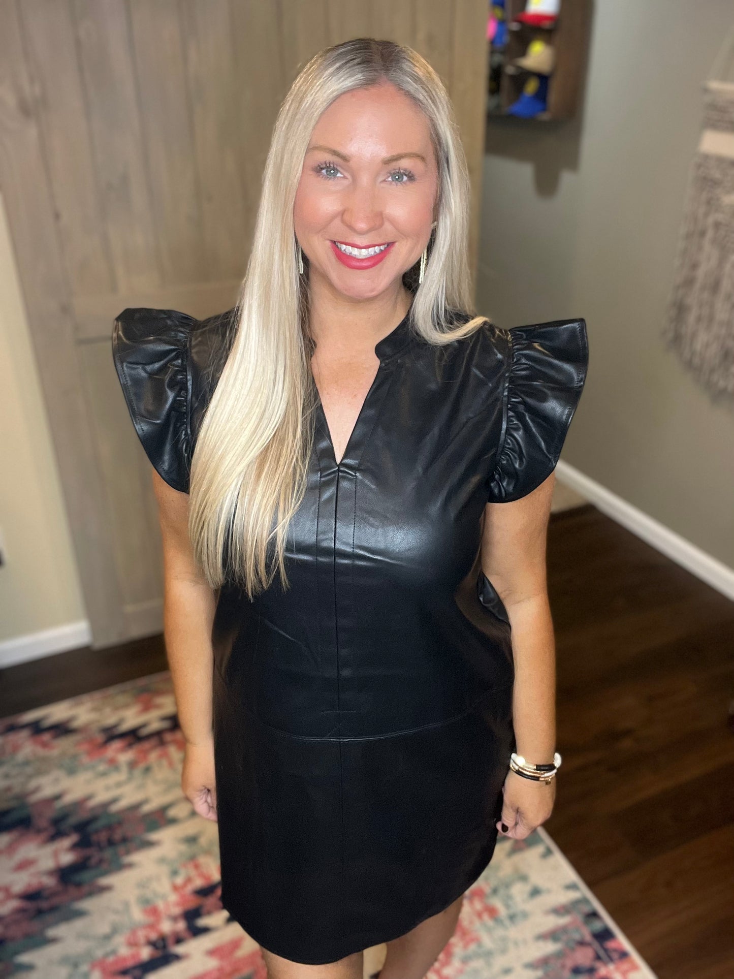 Leather Flutter Sleeve Dress