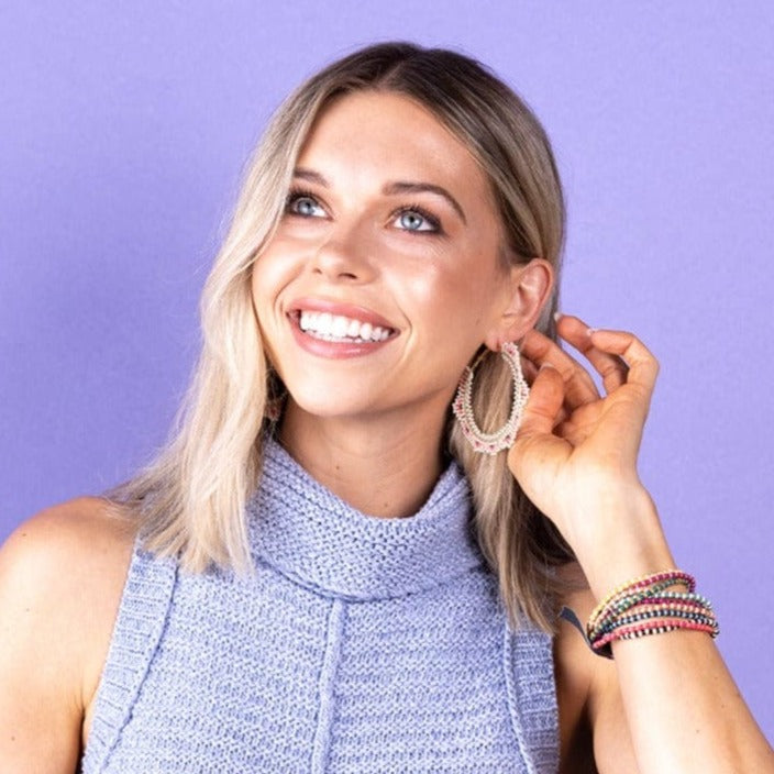 Ivory Coral Pink Crochet Hoop Earrings