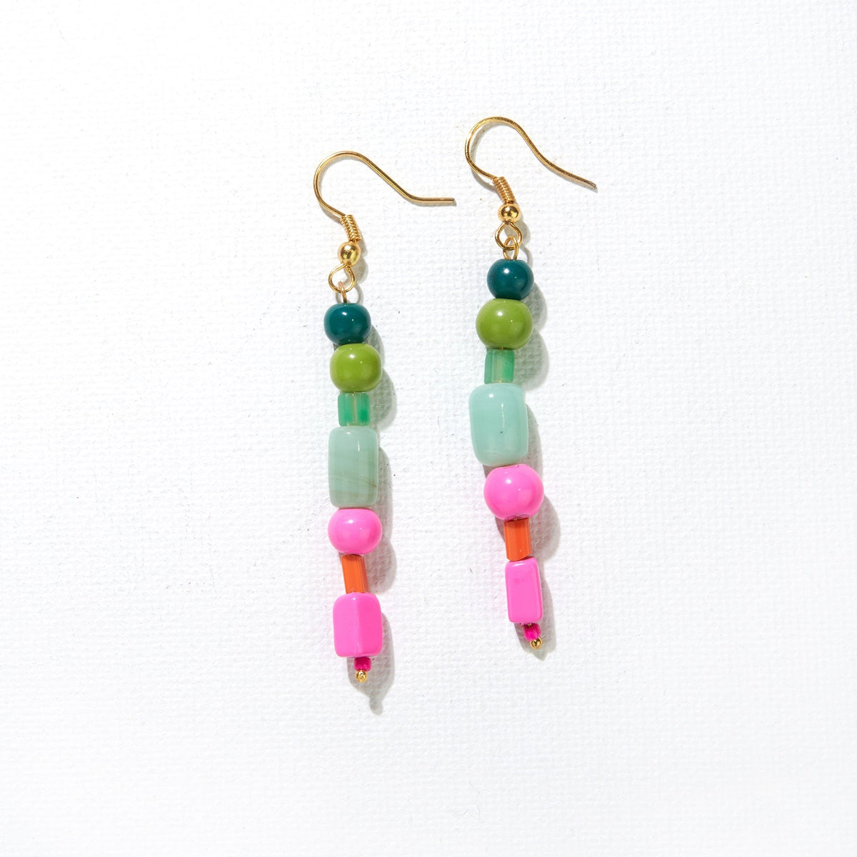 Pink Green Glass Bead Dangle Earrings