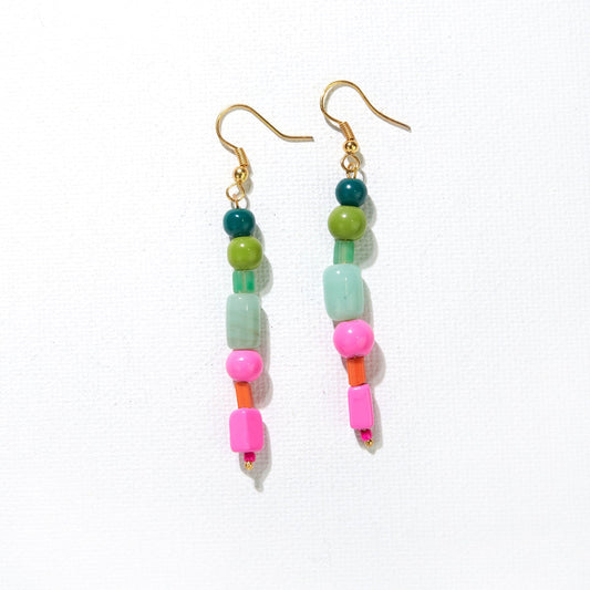 Pink Green Glass Bead Dangle Earrings